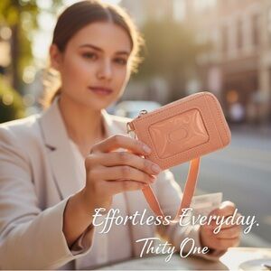 Thirty-One ID Lanyard Wallet Coral Peach NWT Key Ring Zipper